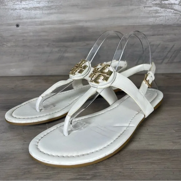 Tory Burch Womens 8 White Bryce Flat Thong Sandals Casual Logo Beach - Picture 1 of 12